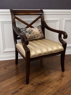 Elegant X-Back Scroll Arm Accent Chair – Dark Wood & Gold Upholstery