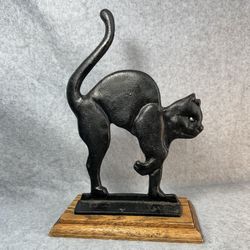 12” Black Cat Silhouette Cast Iron Door Stop Halloween Statue Wood Vintage