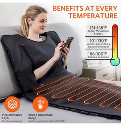 Infrared Sauna Blanket for Home Detox, Portable, 6 ft x 2.6 ft
Low-EMF Waterproof Oxford fabric 1-60 min timer Overheat auto shut-off 5 wraps & bag