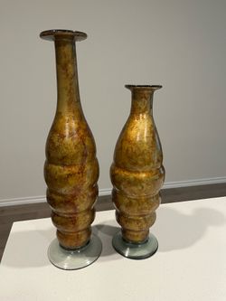 Vintage Amber Gold Blown Glass Vases - Set of 2 Ribbed Bubble Vases with Clear Bases