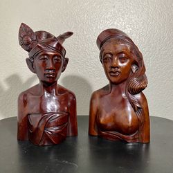 Pair of Vintage Bali Wood carved Man and woman bust tribal Statues