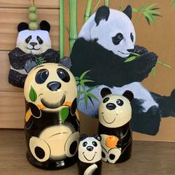 Vintage Panda Gift Set 3 Nesting Dolls Note Cards & Beaded Ornament in Lotus Box