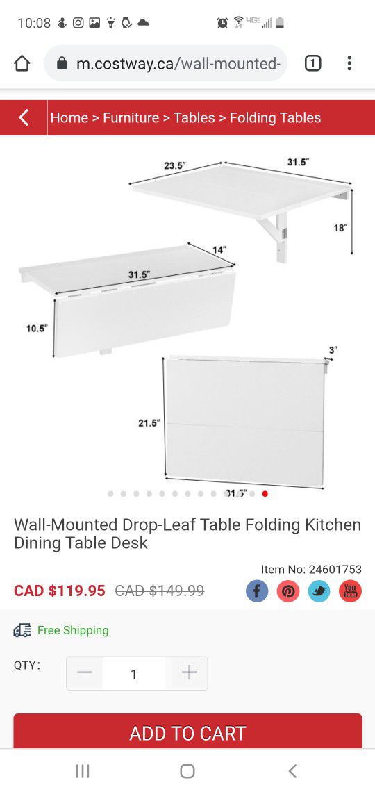 Wall-Mounted Drop-Leaf Table Folding Kitchen Dining Table Desk

