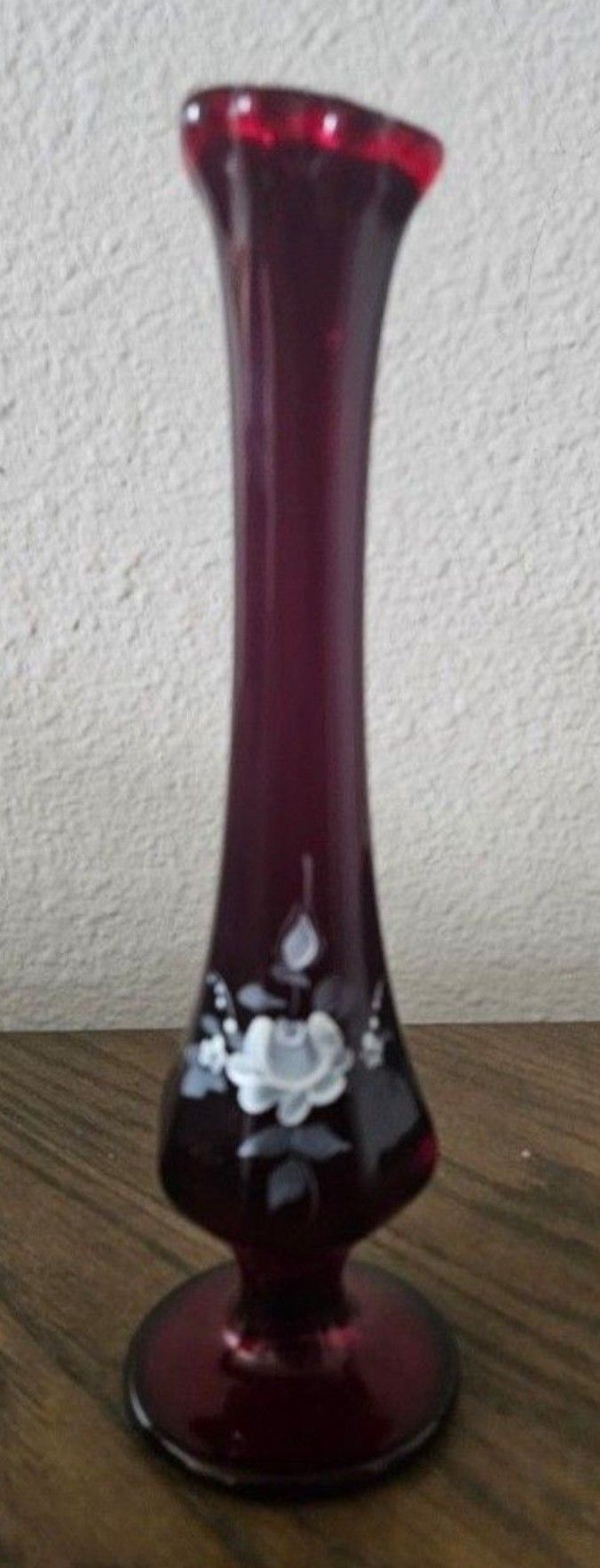 Fenton 8 1/2" Tall Hand Painted Roses Signed Ruby Red Bud Vase Fenton Stamp