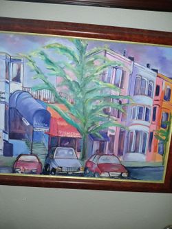 Framed Painting Of City Trendy Cafe Row District