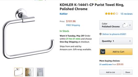 KOHLER K-14441-CP Purist Towel Ring - Polished Chrome Bathroom