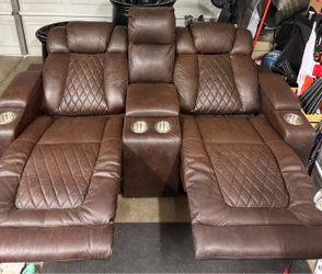 Brown Leather Power Recliner Loveseat with Console