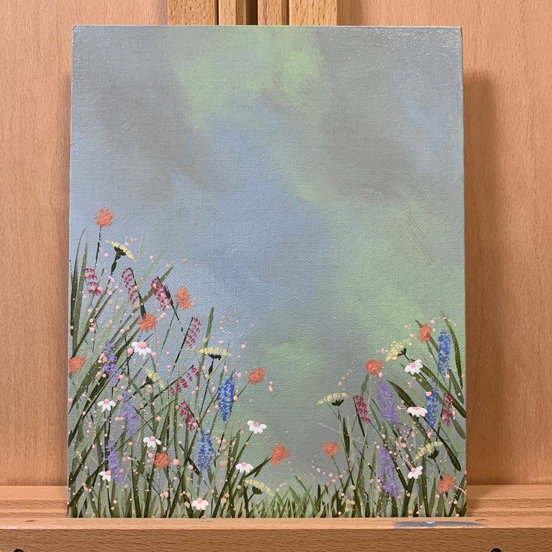 Unique Field of Wildflowers Original Acrylic Painting, Artist Signed, 8 x 10