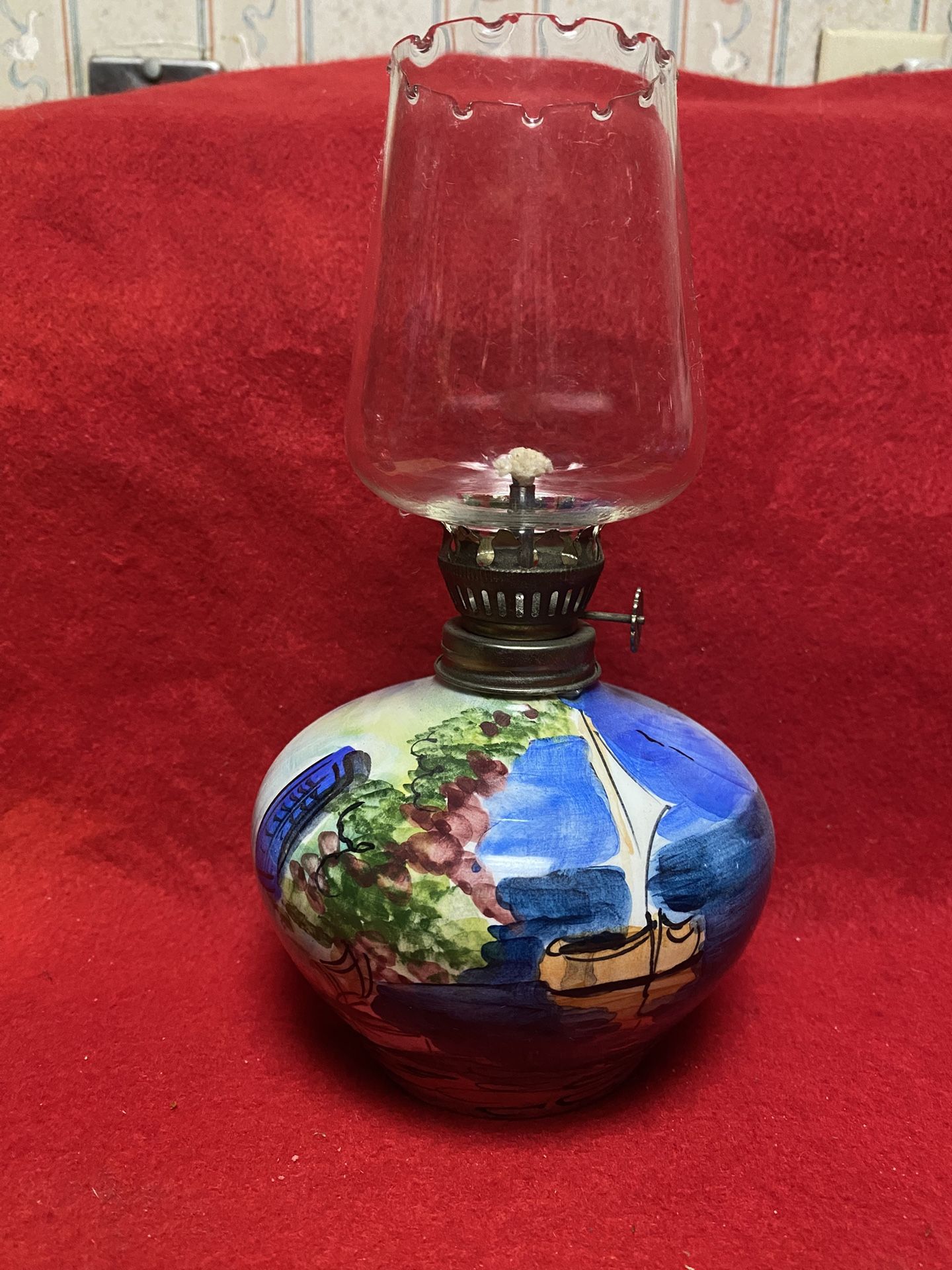 8.5 inches with Glass Handmade Hand painted Imported From Greece Ceramic Oil Lamp