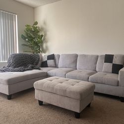 Couch: Light Grey Couch, L-Shape With Ottoman