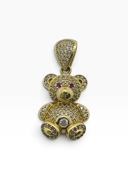 14K Yellow Gold Teddy Bear White/Red Stone Pendant 4.9 Grams | Size 1" x .5"