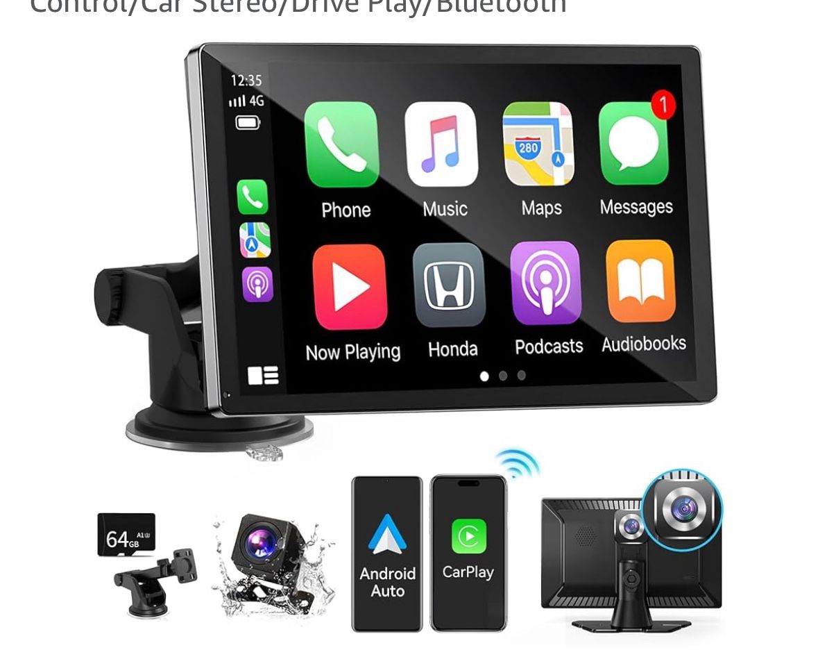 9 inch HD Portable Wireless carplay Screen for car & Android Auto Touchscreen with 4K Dash Cam/1080P Backup Camera/Mirror Link/Navigation/Voice Contro