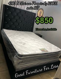 Queen size bed frame with pillow top mattress and Boxspring brand new
