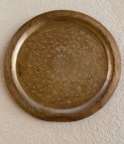 Vintage 14” Hand-Engraved Moroccan Brass Wall Art Tray Platter