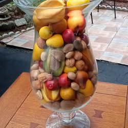 LARGE 20" GLASS WITH ARTIFICIAL FRUITS 