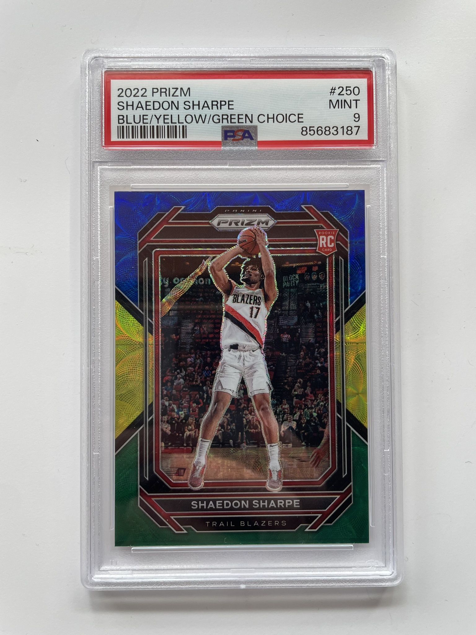 2022-23 Prizm - RARE SSP PSA 9 Choice Blue Yellow & Green Shaedon Sharpe RC
