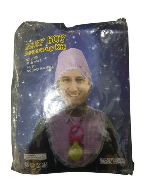 Baby Boy Accessory Kit, Adult Halloween Costume., Fun Costume. *Bonnet *Bib *Jumbo Pacifier. Color Blue. (New)