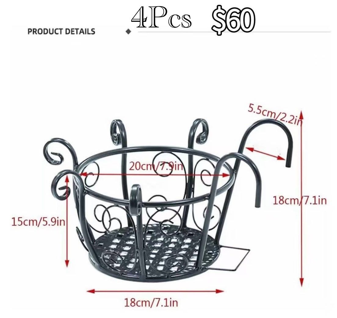 😀 4Pcs Wall-Mounted Flower Basket, Hanging Railing Planter Flower Pot Holder Basket with Hooks, Plant Hanger Decoration for Outdoor Balcony Garden