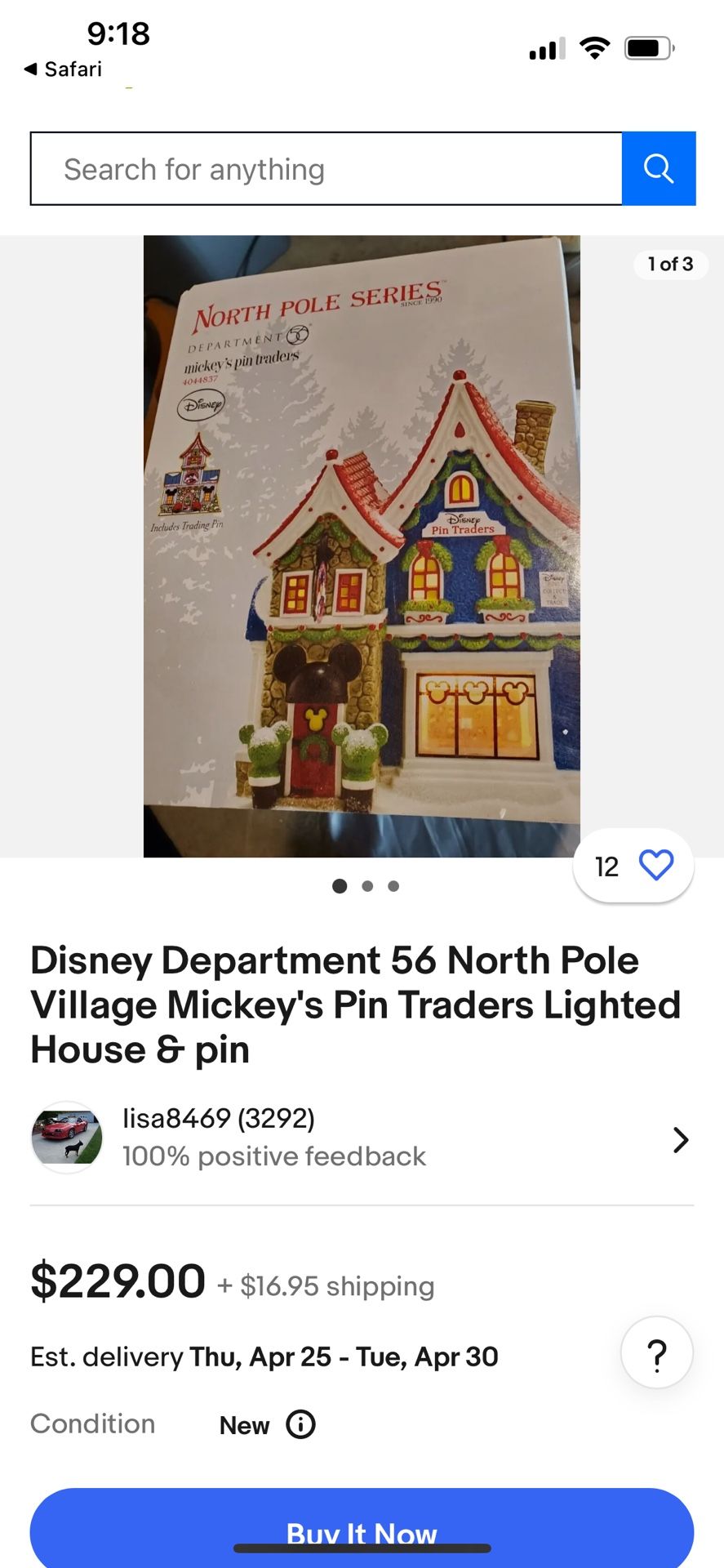 Brand New Disney Department 56 North Pole Village Mickey’s Pin Traders Lighted House & Pin. 