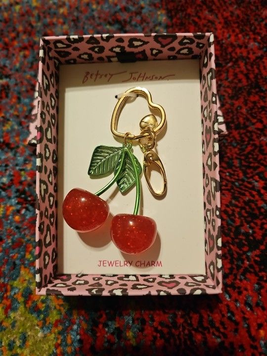 Betsey Johnson Gold-Tone Red Cherry Jewelry Bag Charm Key Fob, NEW