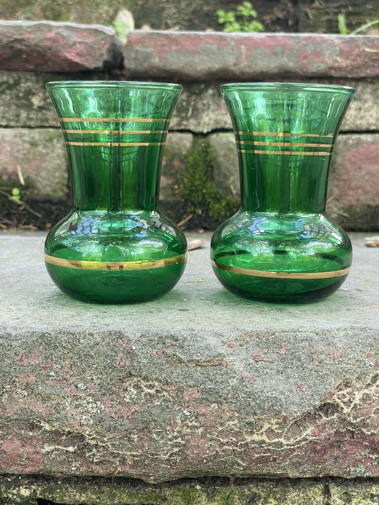 Vintage Anchor Hocking Mini Forest Green Glass Small Bud Vases with Gold Stripes
