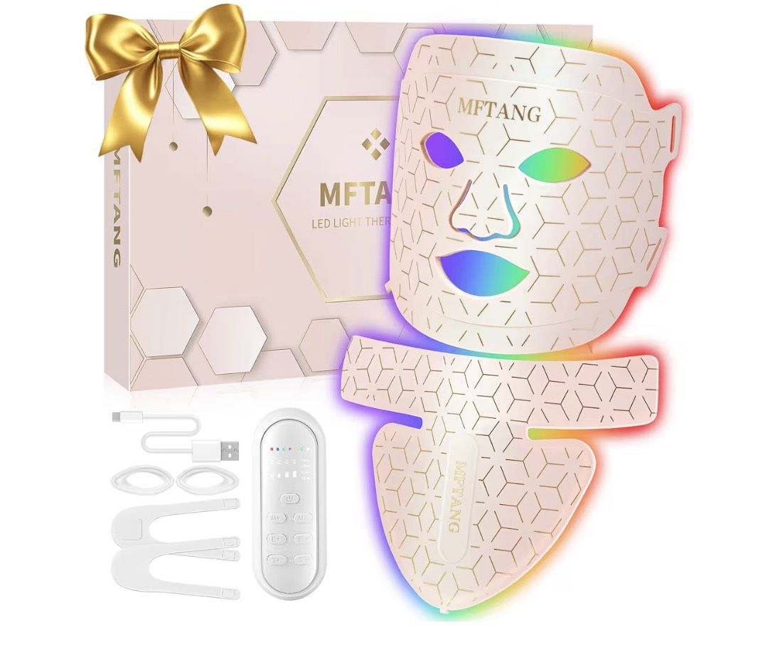 Red Light Therapy for Face and Neck, 7 Colors Led Light Therapy Silicone Facial Mask - Birthday, Christmas, Mothers Day, Valentines Day, Self Care Gif