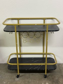 Gold & Black Marble Bar Cart – 2-Tier Rolling Serving Cart w/ Wine + Glass Rack