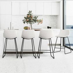 Faux Leather Bar Stools Metal Frame Counter Height Bar Stools in White (Set of 4)