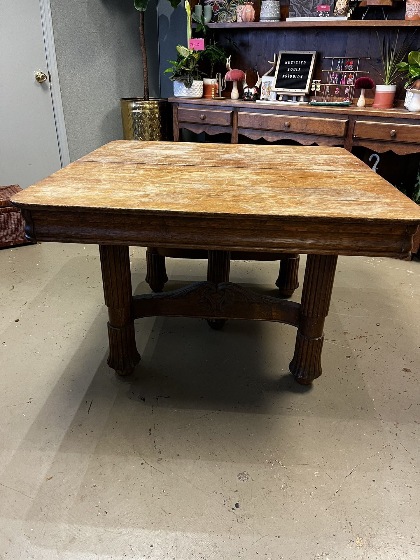 Large Carved Oak Antique Vintage Square Wooden Table 