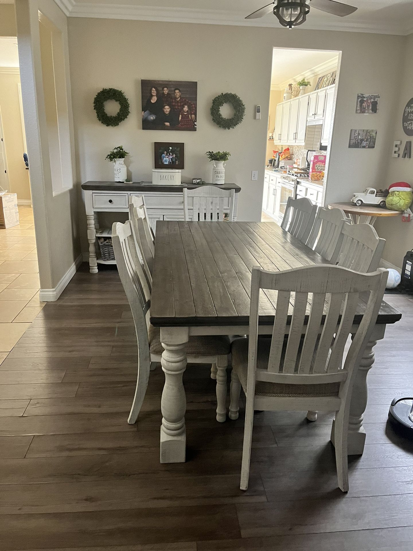 Buffet, Table, 8 Chairs Havalance White And Greyish Brown Table And 8 Chairs