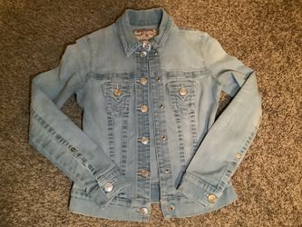 Women's True Religion trucker jacket, color light blue, size: XS