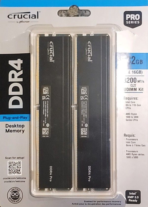 Crucial Pro 32GB (2x16GB) DDR4 RAM Kit - 3200MHz/3000MHz/2666MHz - Desktop Memory