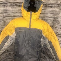 kids columbia ski jacket, yellow/grey 