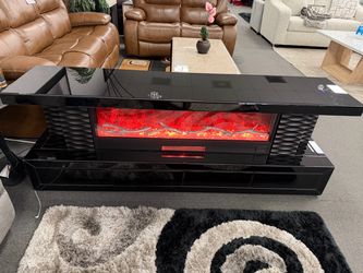 Black Gloss TV Stand with Electric Fireplace w/ Bluetooth Speakers
