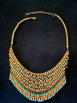 $10. Boho gypsy orange, gold and turquoise bead bib cascading necklace. 16 in adjustable to 19 in.