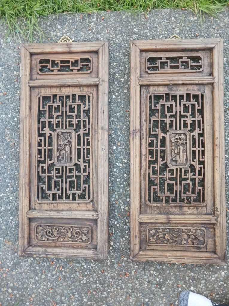 Hand Carved Chinese Wood Shutters Pannels Wall Art Hangings With Brass Mounnts PAIR