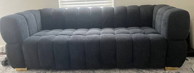 Dark Gray Boucle Tufted Sofa with Gold Legs