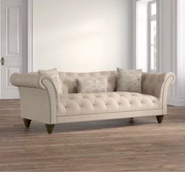 Kelly Clarkson Home Haley Chesterfield Sofa 90" — Tufted Linen, Script Pillows