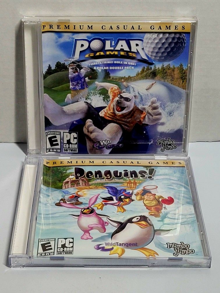 (Lot Of 2) Penguins & Polar Games (PC CD-ROM, 2006) Mumbo Jumbo Premium Games. Very Good Condition. The image displays "Polar Games: Fore! Strike! Hol