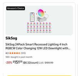24Pack Smart Recessed Lighting 4 Inch RGBCW Color Changing 12W LED Downlight with Junction Box,1080 Lumen Recessed Ceiling Light Compatible with Alexa