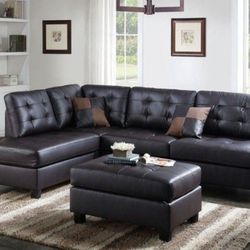 Brand New Espresso Leather Sectional Sofa With Ottoman 