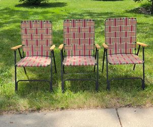 retro style Steel Frame Outdoor Folding Patio/Camping Chair with Woven Seat & Wooden Arm Rests