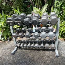 SET OF  DUMBBELLS : 5s -50s  &  3  TIER BODY SOLID RACK (PAIRS OF)  :  5s  8s  10s  15s  20s  25s  30s  35s  40s  45s  50s 
