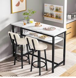 Furniture Kitchen Bar Height Table and Chairs for 2, 5-Tier Compact Dining Room Table, White Faux Marble Top and 2 PU Leather Upholstered Seat Black F