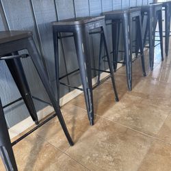 Bar Stools - 5 Metal Stools With Wood Seat
