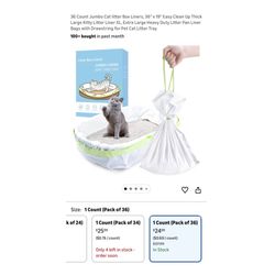 Brand new 36 Count Jumbo Cat litter Box Liners, 36" x 19" Easy Clean Up Thick Large Kitty Litter Liner XL, Extra Large Heavy Duty Litter Pan Liner Bag