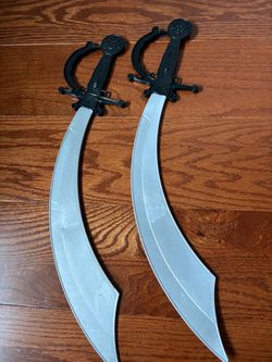 2x Pirate Costume Sword Curved Plastic Cutlass Props Black/Silver One Size