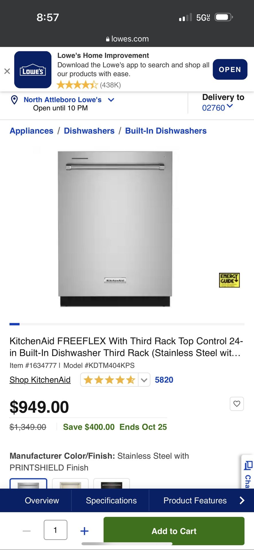 Dishwasher (Kitchen Aid, Mod; KDTM404KPS 0)
