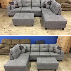Gray Linen Sectional Couch And Ottoman