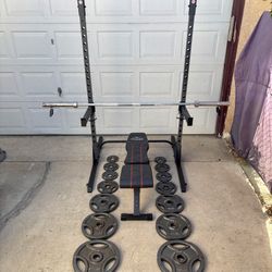 Olympic Weights, 7-ft Bar, Adjustable Bench, Squat Rack